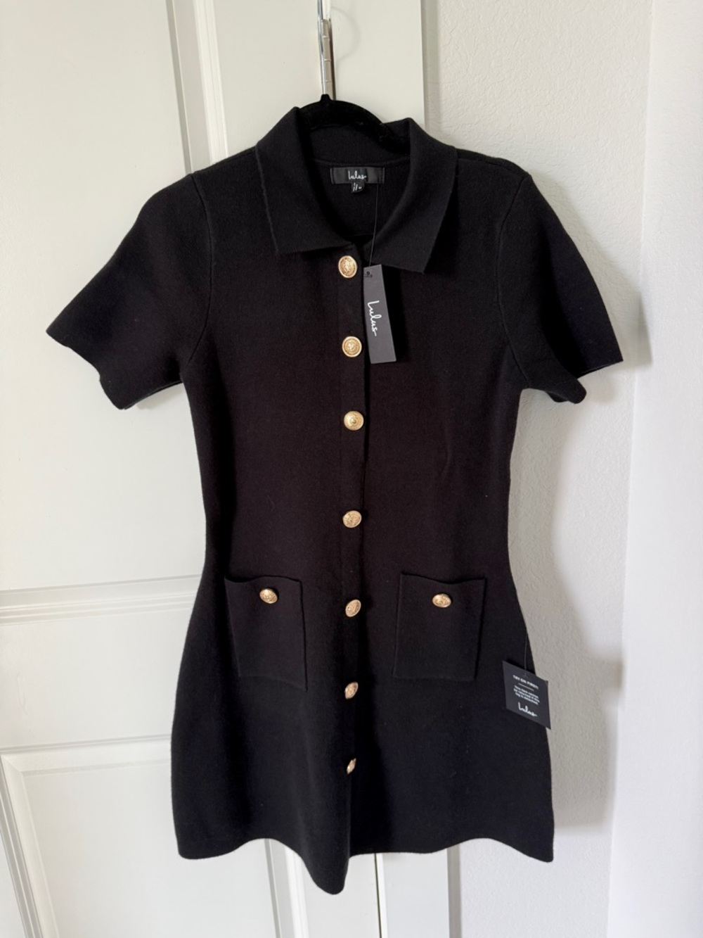 Lulu's Black Knit Polo Button-Front Mini Dress with Gold Buttons
